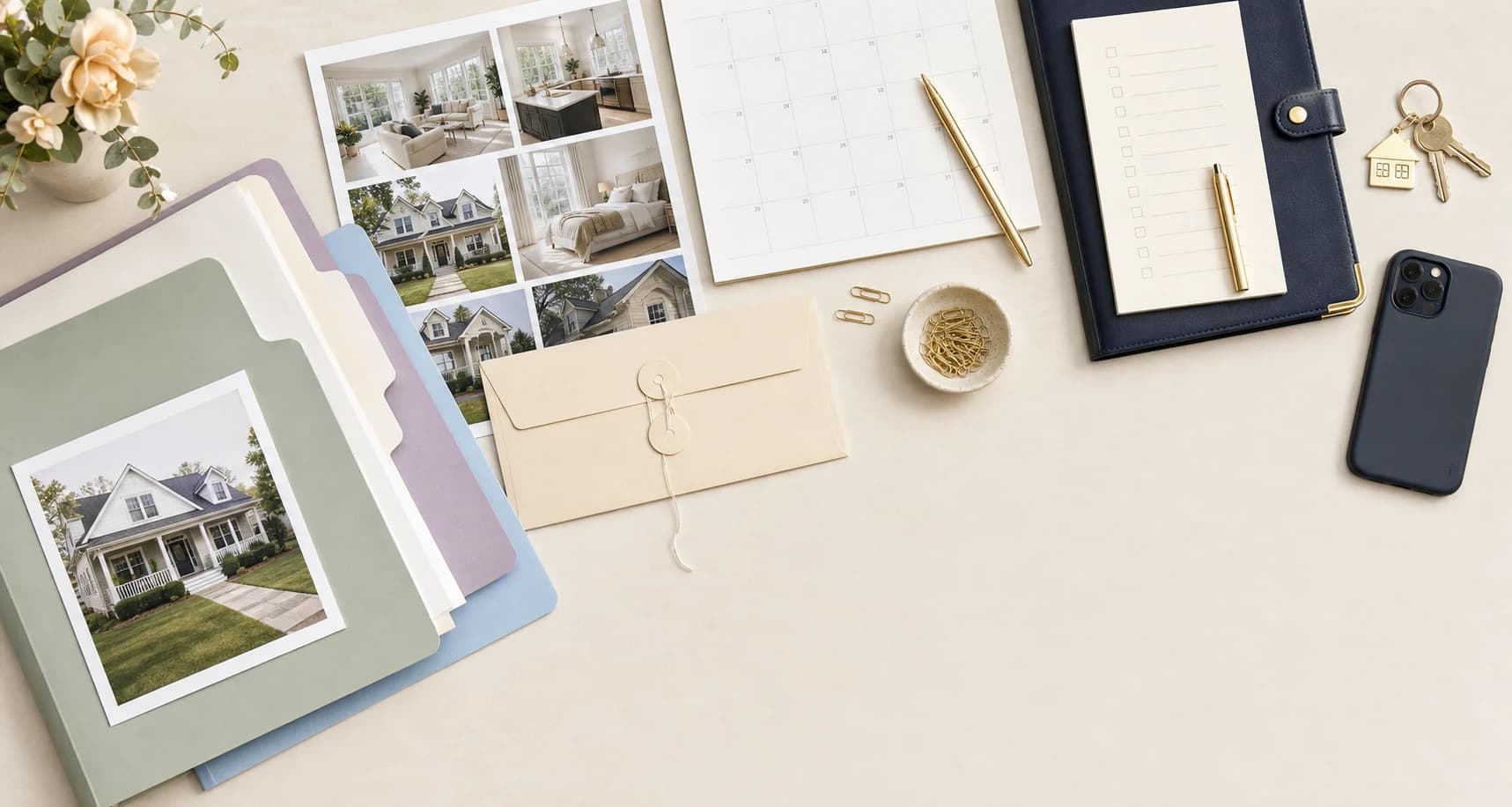 A top-down real estate workflow with pastel folders, listing photographs, a calendar, and organized task materials