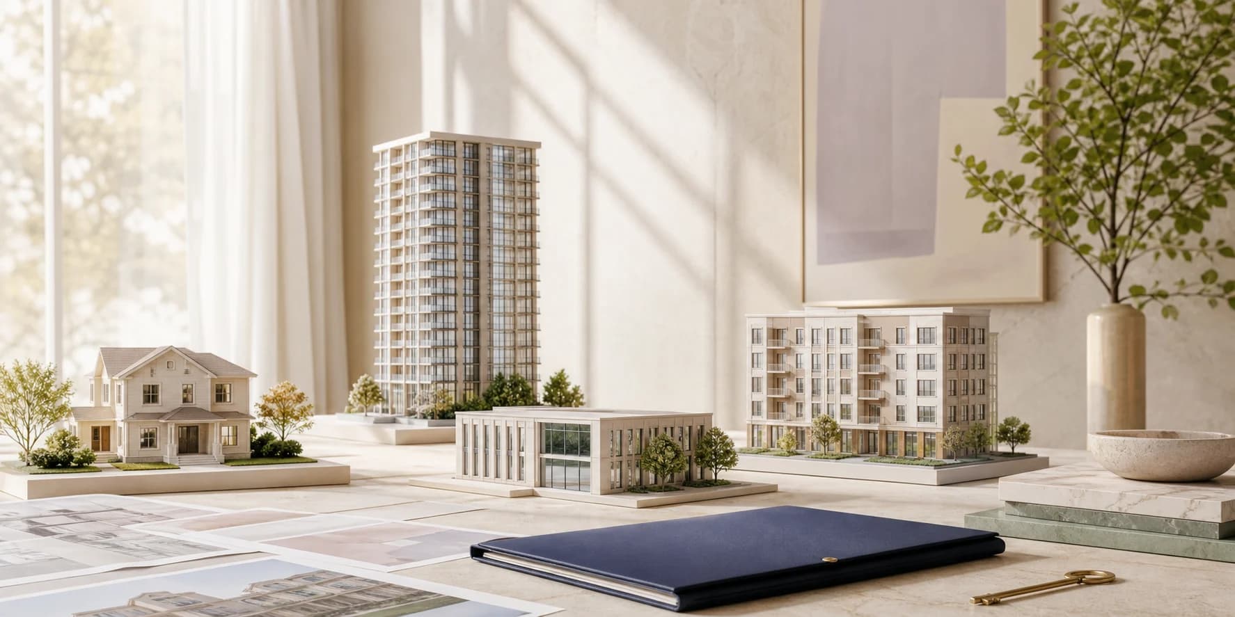 Architectural models representing residential, condominium, commercial, rental, and investment real estate