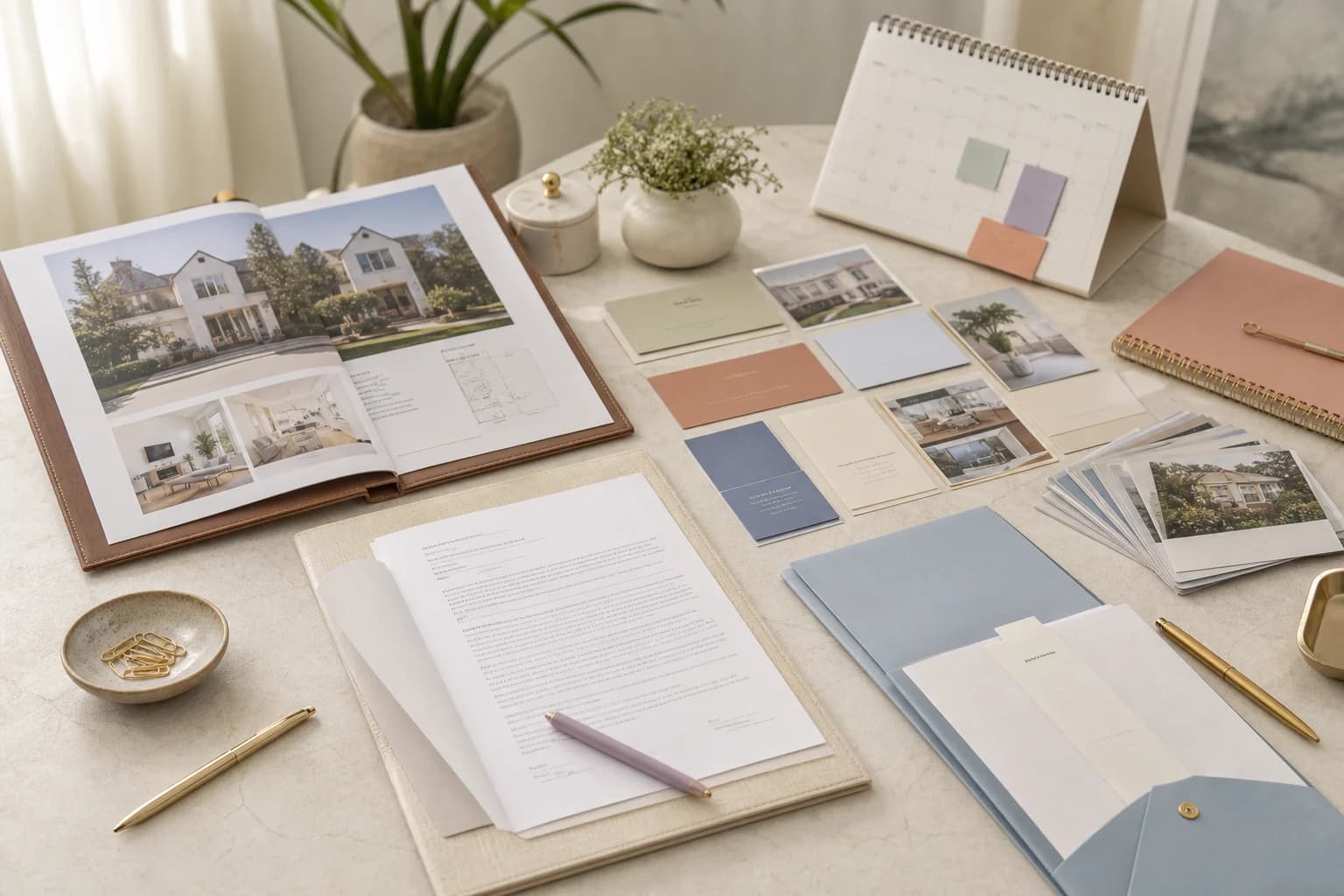 An organized real estate service desk with listing, transaction, scheduling, marketing, and property management materials